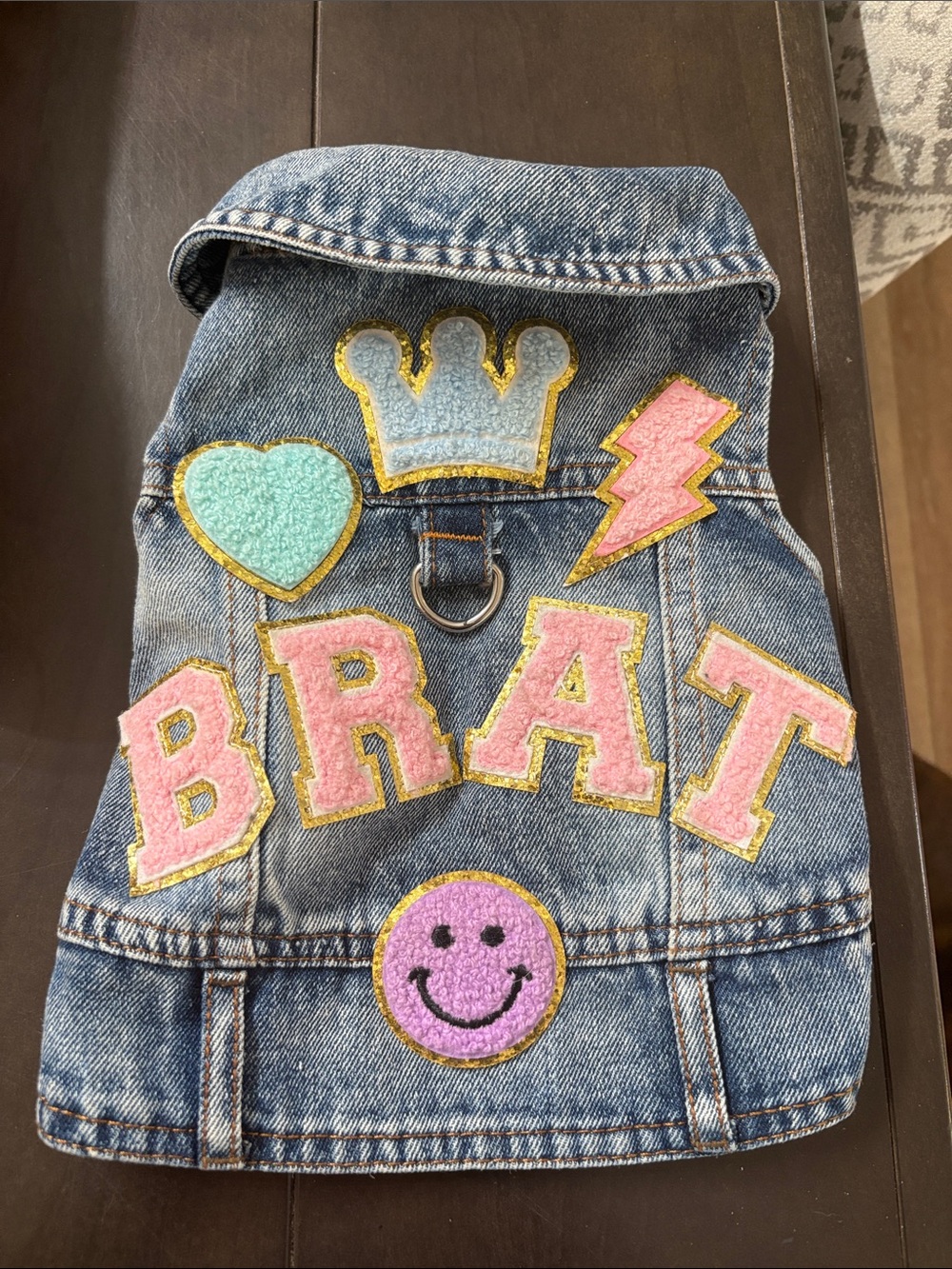 Pet Denim Jacket with Pink 'BRAT' Patches